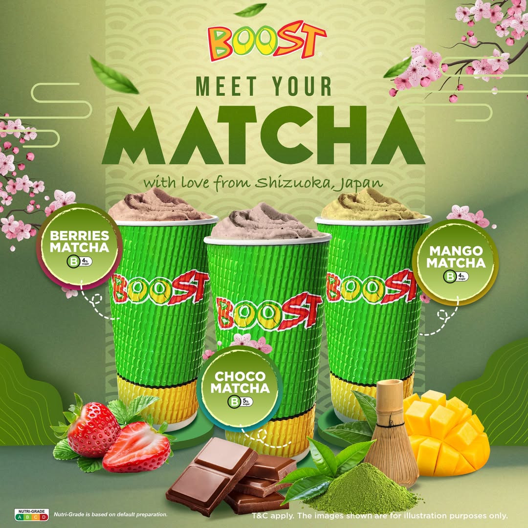 A trio of vibrant matcha smoothies, possibly from Boost Juice, showcasing different flavors or styles.