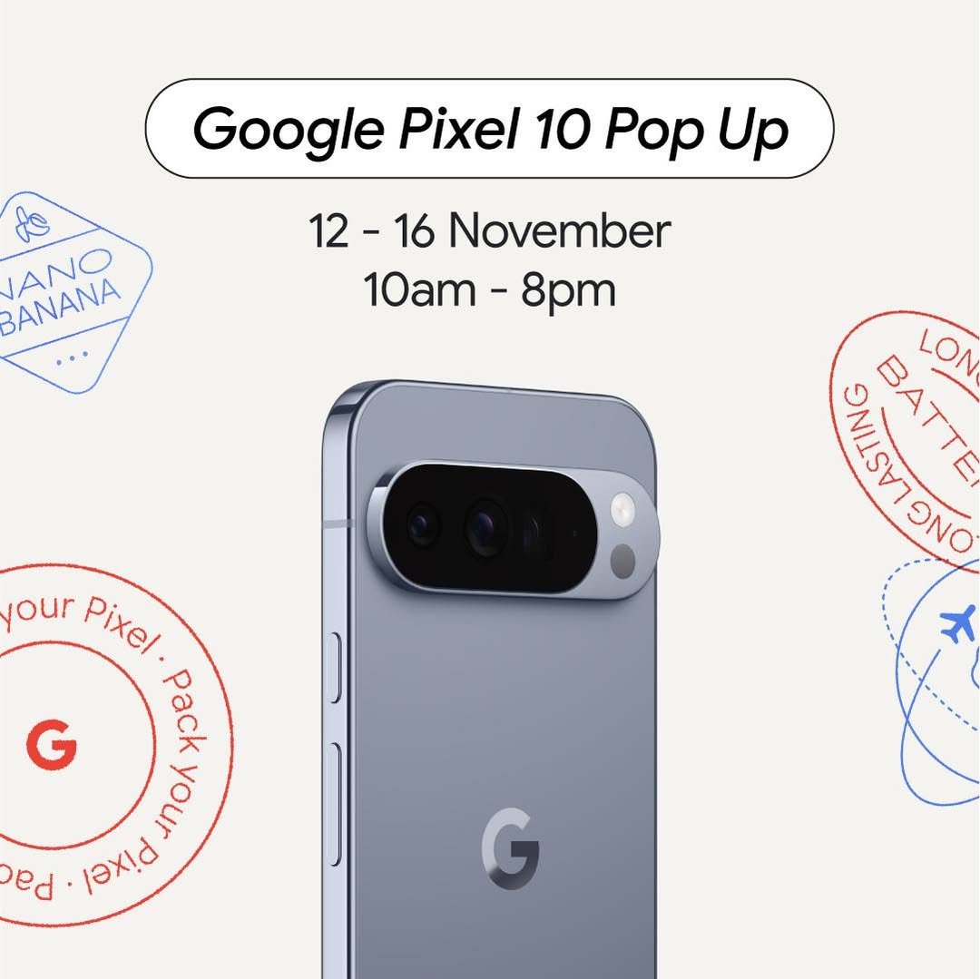 A vibrant display of the new Google Pixel 10 at a pop-up event.
