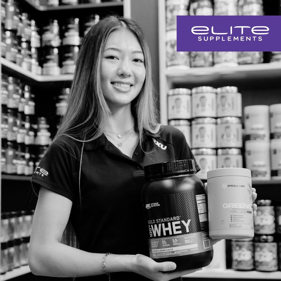 Elite Supps store display at Funan, showcasing a variety of fitness supplements.
