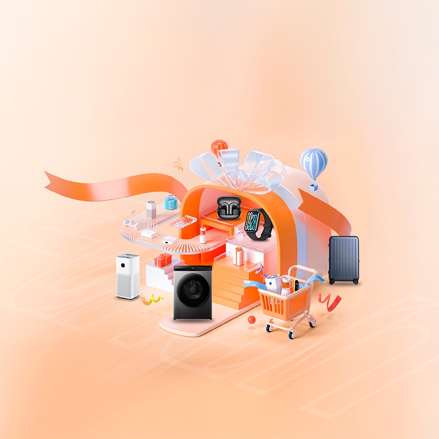 A vibrant image showcasing various Xiaomi products like smartphones, smart home devices, and accessories, hinting at exciting deals.