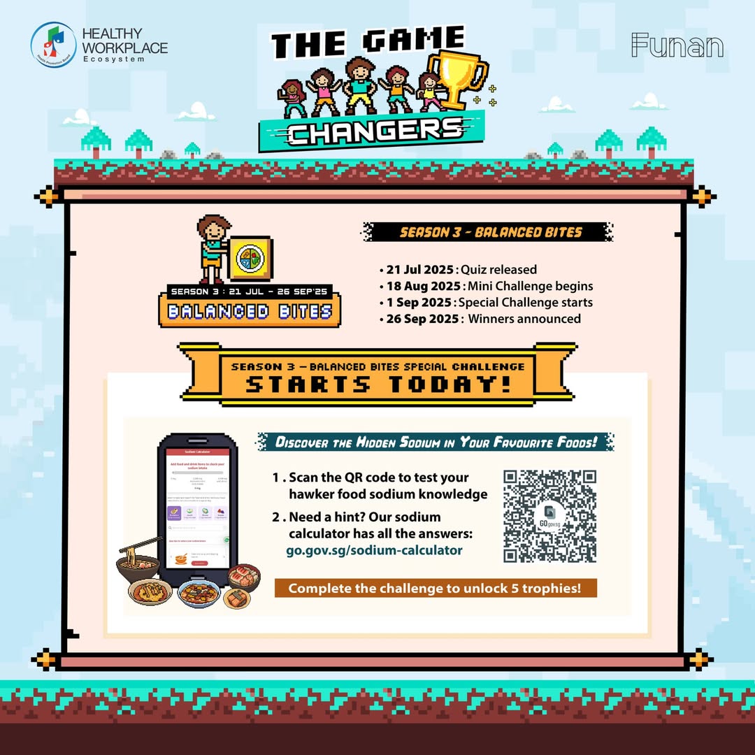A graphic promoting the Balanced Bites Special Challenge, highlighting sodium levels in hawker meals and a chance to win rewards.