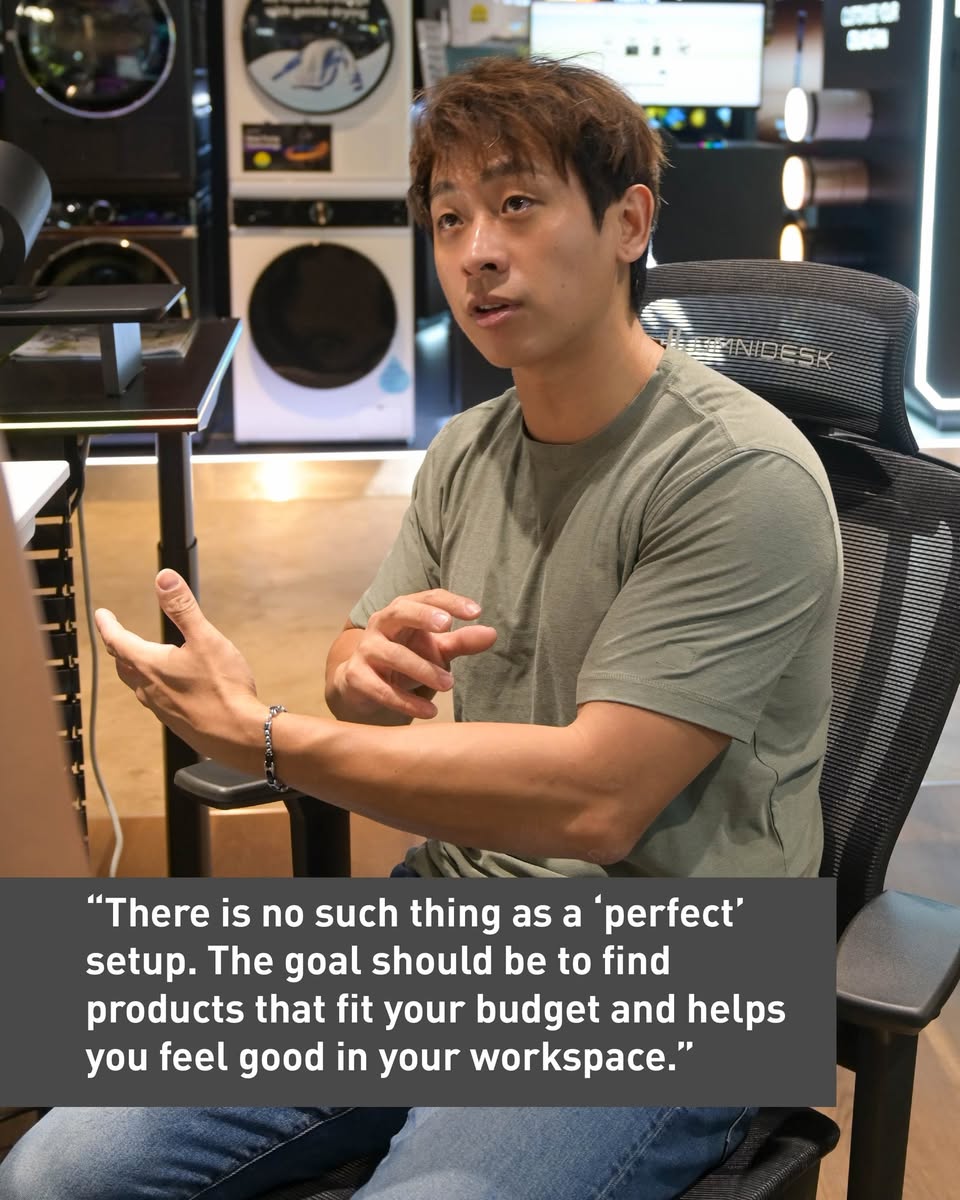 A sleek standing desk in a modern home office.