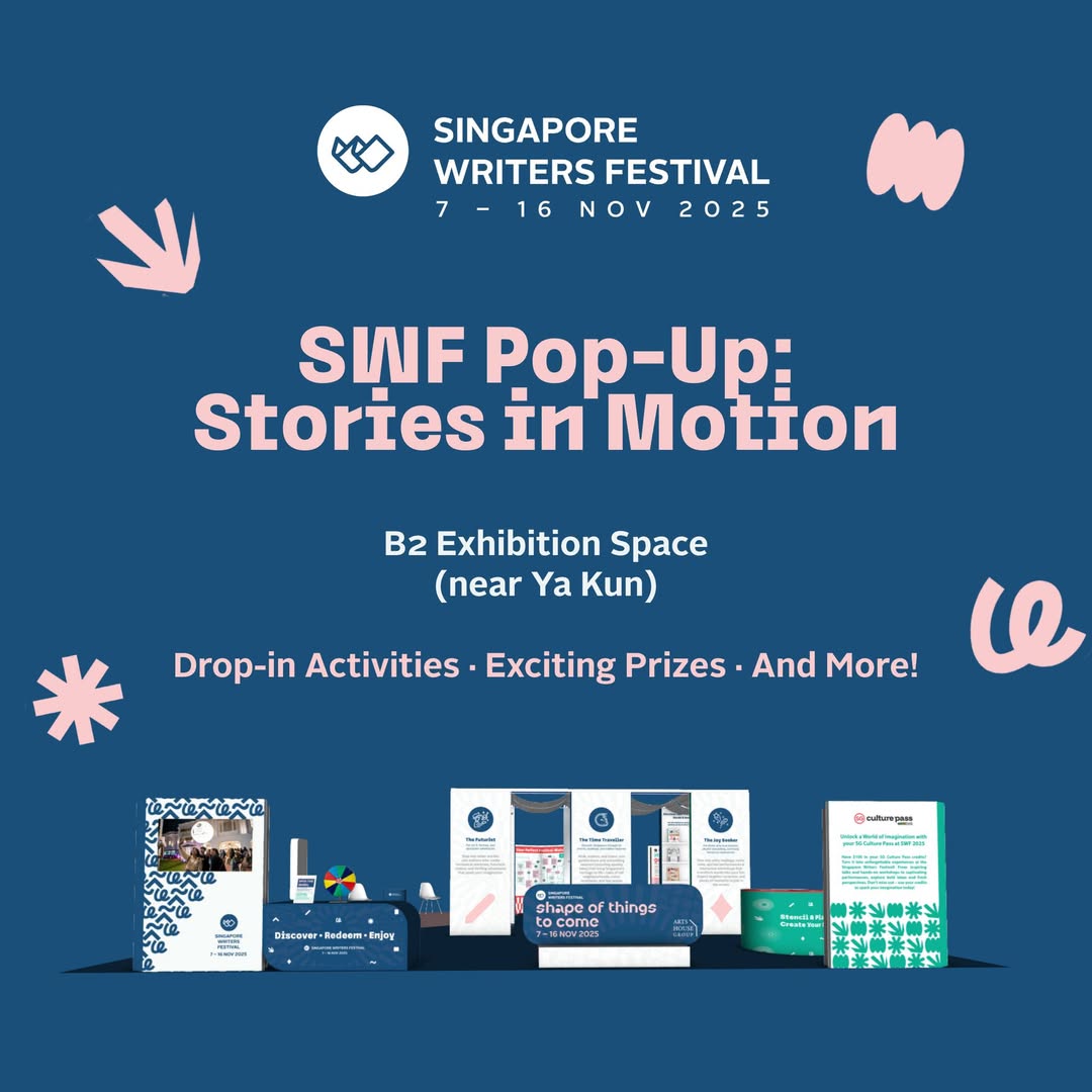 A vibrant scene depicting creative activities, perhaps people engaging with crafts or a magnetic poetry wall, at the Stories in Motion pop-up event.