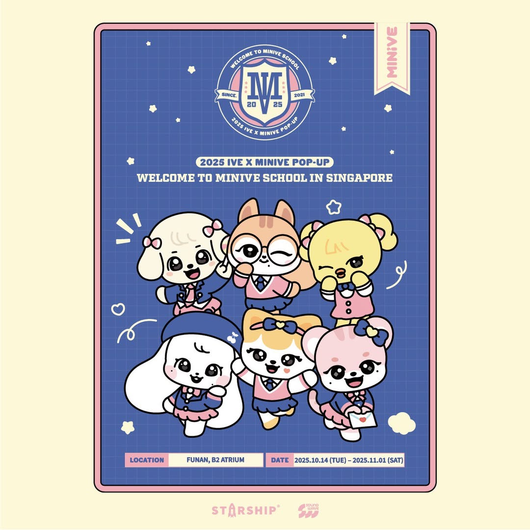Illustration of IVE's MINIVE characters, possibly in a school setting, with bright colors and playful designs.